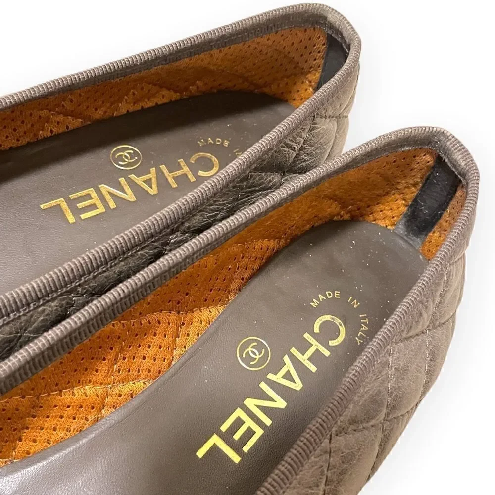 CHANEL Crumpled Calfskin/Patent Quilted CC Cap Toe Ballerina Flats |Size:38|